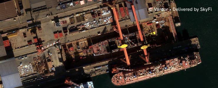 Vantor satellite imagery of a shipyard facility, credited to Vantor, delivered by SkyFi