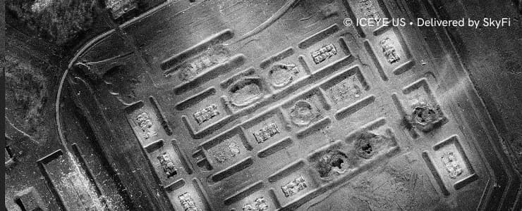 ICEYE US SAR satellite imagery of a facility, credited to ICEYE US, delivered by SkyFi