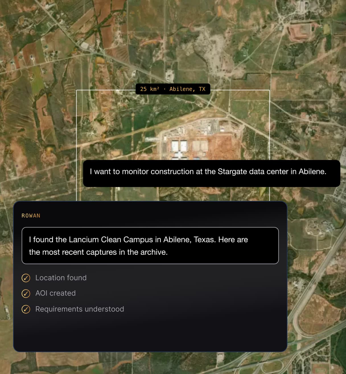 Rowan searching the satellite imagery archive from a plain-language request